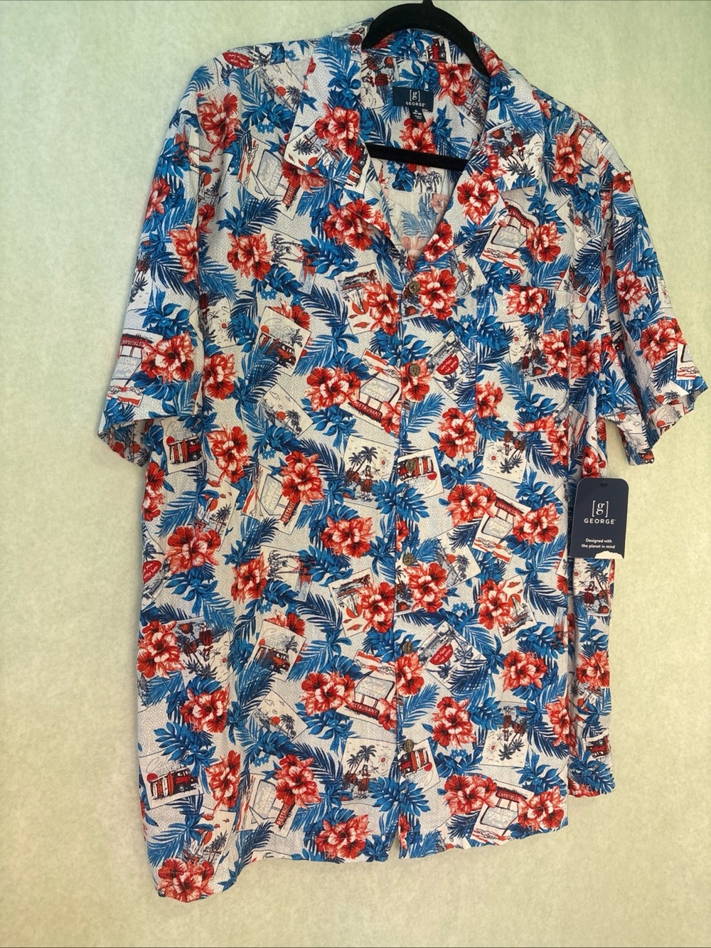 George Men’s Red & Blue Floral Hawaiian Button-Down Shirt Volkswagen Bus XL